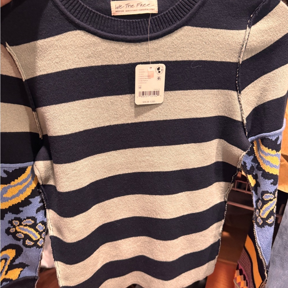 Blue and Cream Crew Neck Sweater with Artistic Sleeves